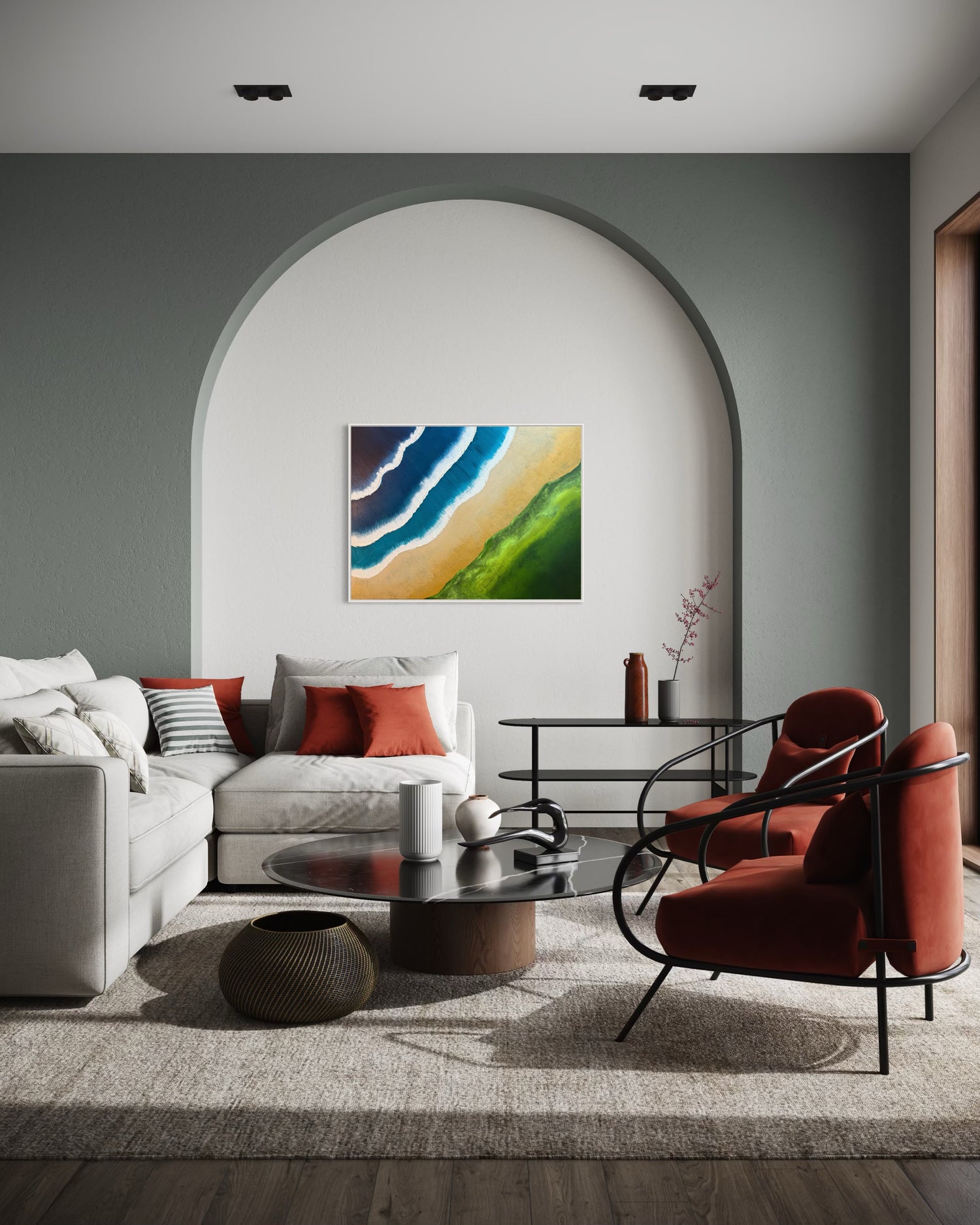 Original painting Emerald Shore by Michel L’Artiste hanging in modern living room