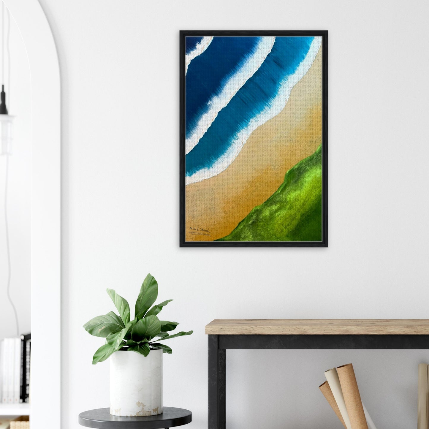 “Abstract canvas artwork of vibrant ocean waves meeting golden sand and green cliffs. Features textured brushstrokes in blue, beige, and emerald tones. Limited edition signed print by Michel L’Artiste.”