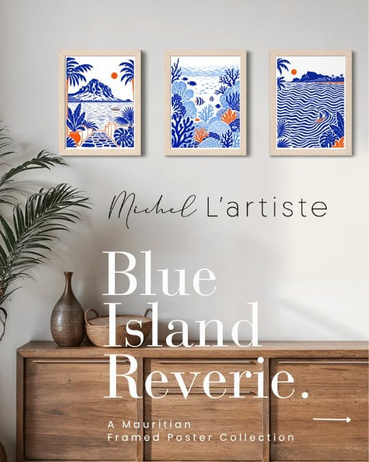 Blue Island Reverie framed Mauritian coastal art collection featuring Le Morne in Blue, Tamarin Wave and Blue Bay Reef by Michel L’Artiste