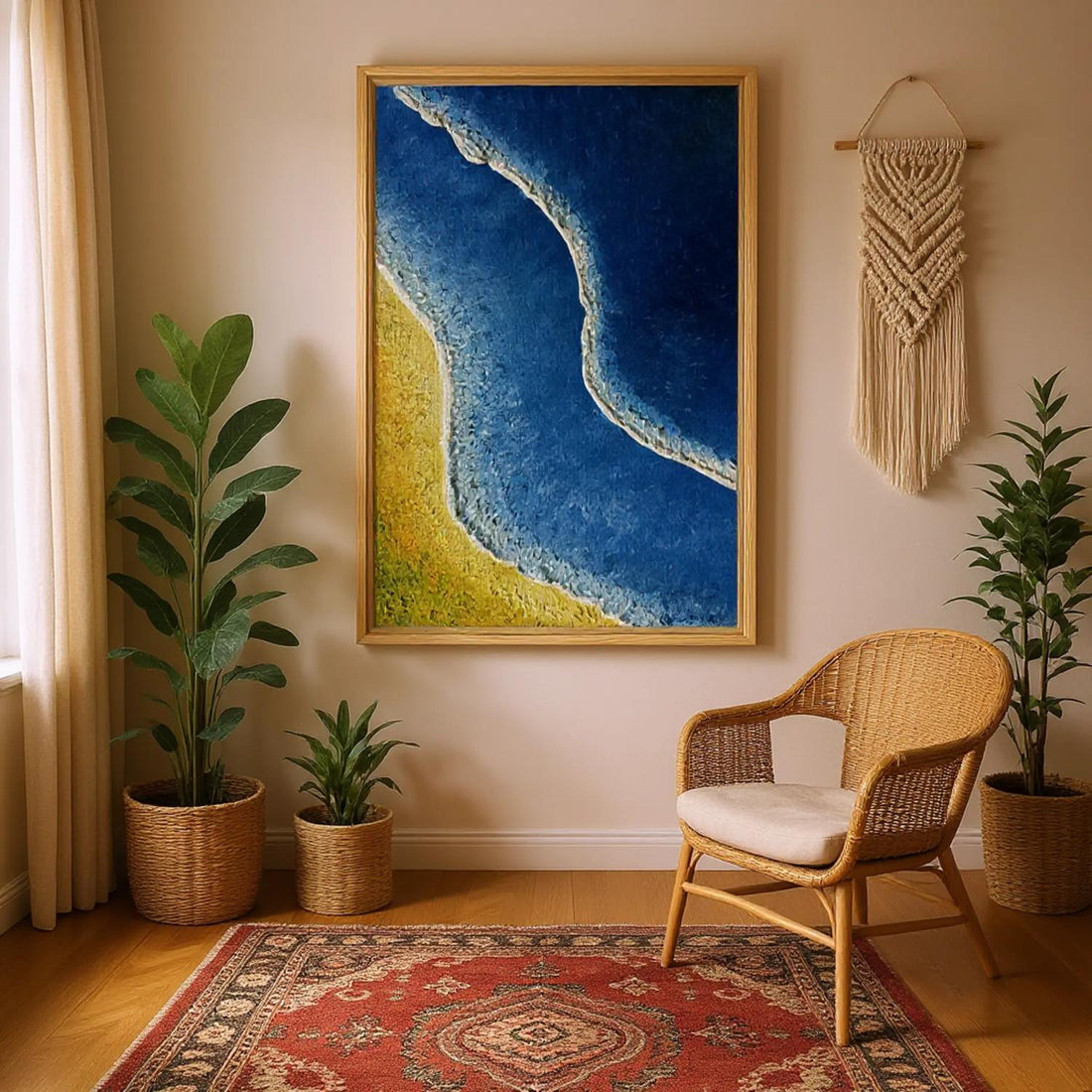 "Framed wave-inspired sustainable art painting by Michel L’Artiste displayed in a modern living room with plants and natural decor."