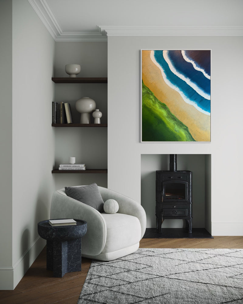 Contemporary abstract ocean-inspired painting by Michel L’Artiste from the ‘When We Were Water’ Edition, displayed in a modern living room interior.