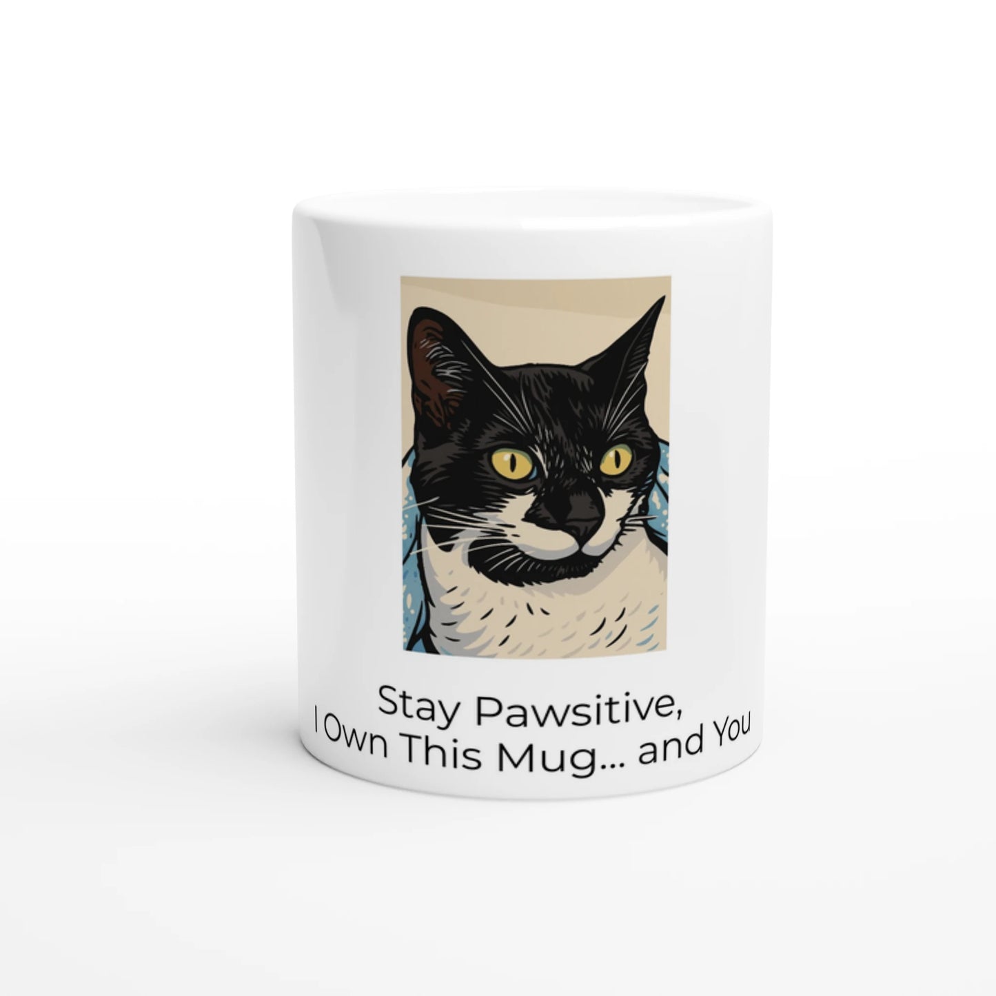 "Whiskers & Warmth ceramic mug with tuxedo cat illustration – cute cat lover gift"