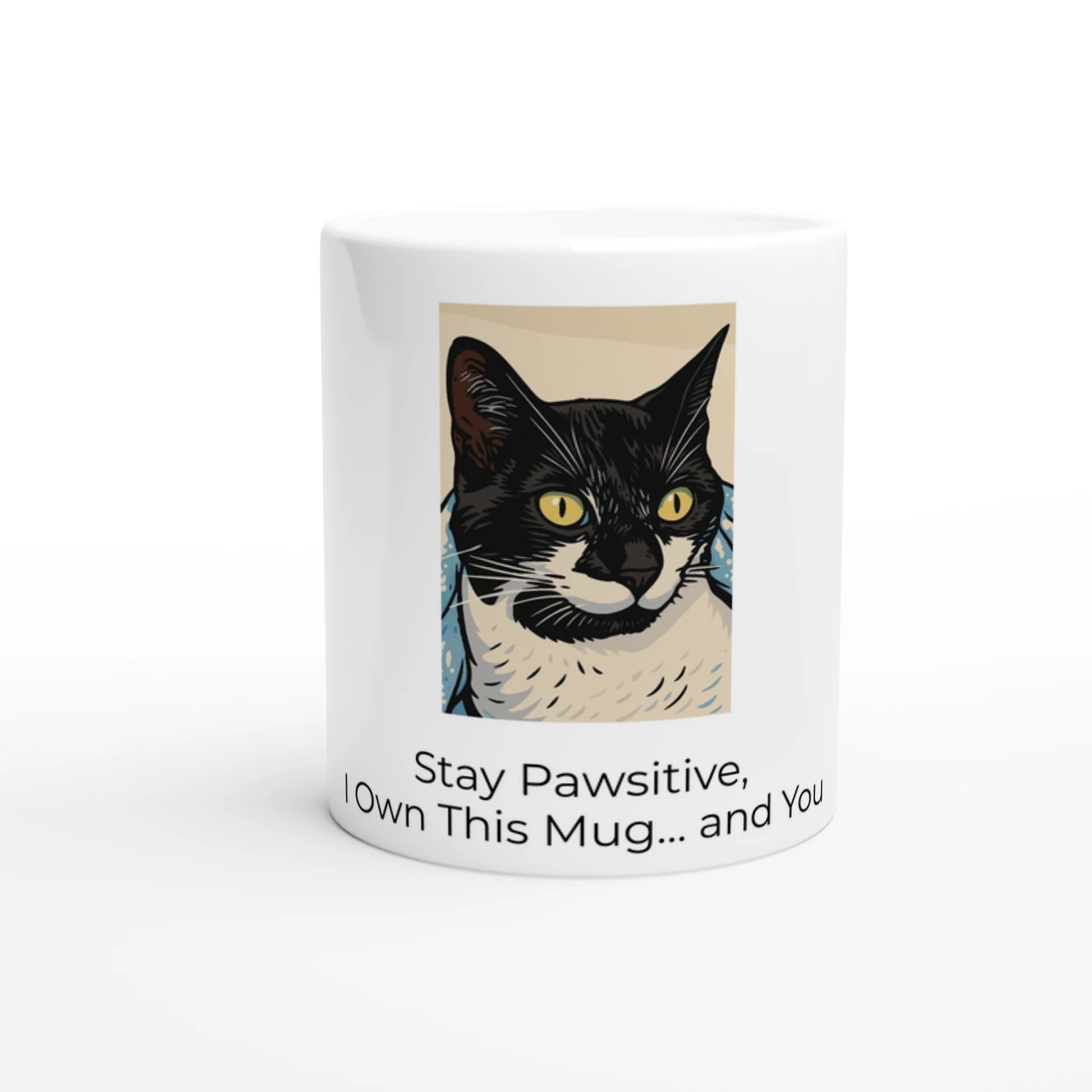 "Whiskers & Warmth ceramic mug with tuxedo cat illustration – cute cat lover gift"