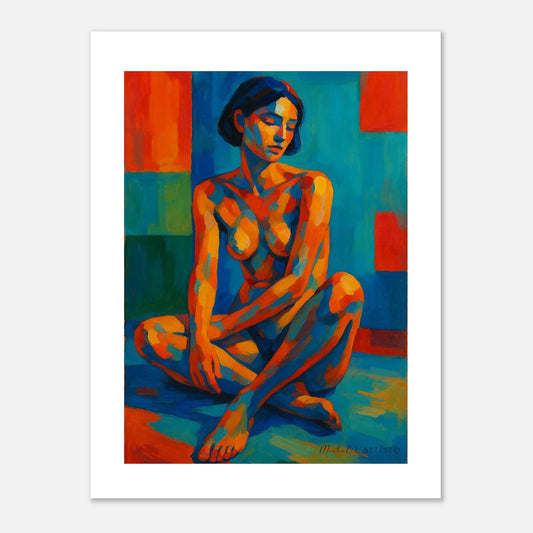 Chromatic Contemplation limited edition abstract fine art print by Michel L’Artiste – multicolor contemporary poster of a seated woman in vibrant red, blue, and orange tones