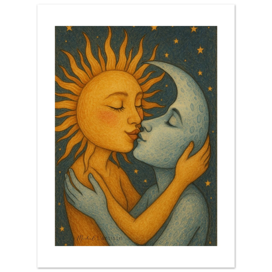“Close-up of When the Sun Loved the Moon limited edition fine art poster – Michel L’Artiste collectible print”