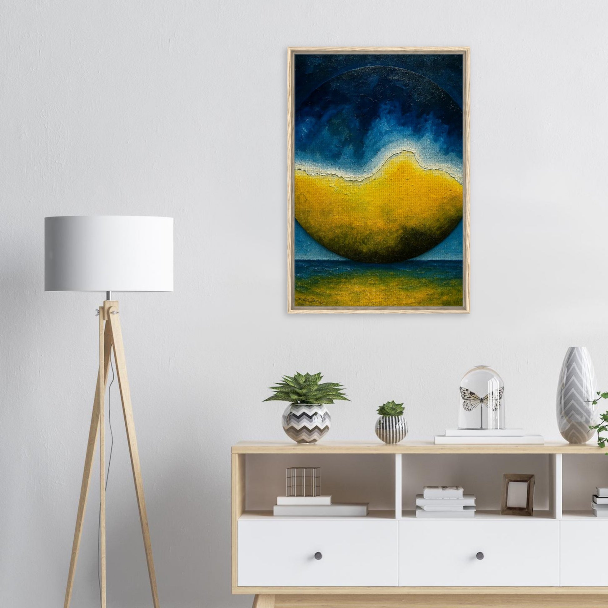 Ecliptic Horizon – Limited Edition Framed Canvas Print by Michel L’Artiste, cosmic ocean-inspired abstract art with golden horizon and deep blue sky, displayed in modern interior.”