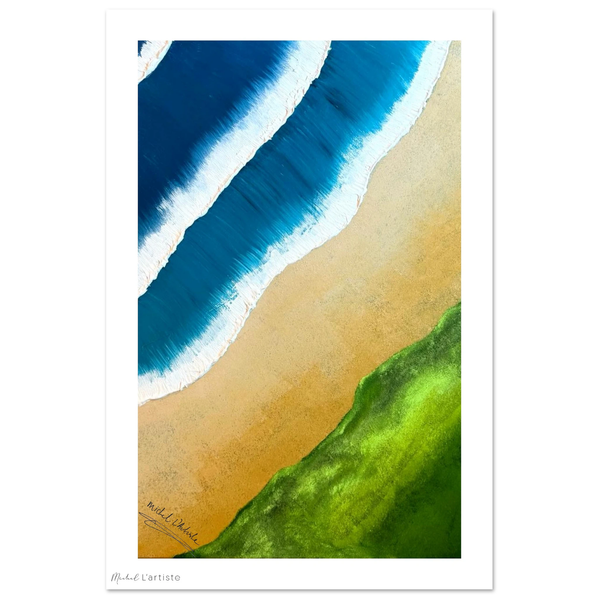 "Emerald Shore matte fine art poster by Michel L’Artiste featuring vivid ocean waves, golden sand, and lush green shore – coastal wall art print"