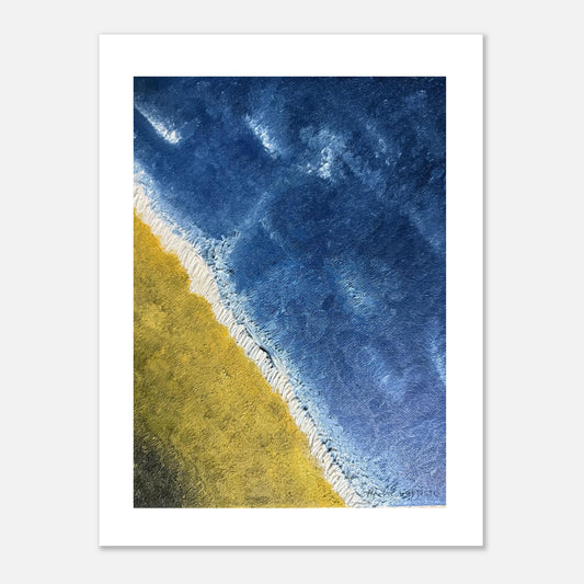 “Gulf Resonance – Limited Edition Ocean Art Poster by Michel L’Artiste, featuring deep blue waves meeting golden shoreline, fine art wall decor.”