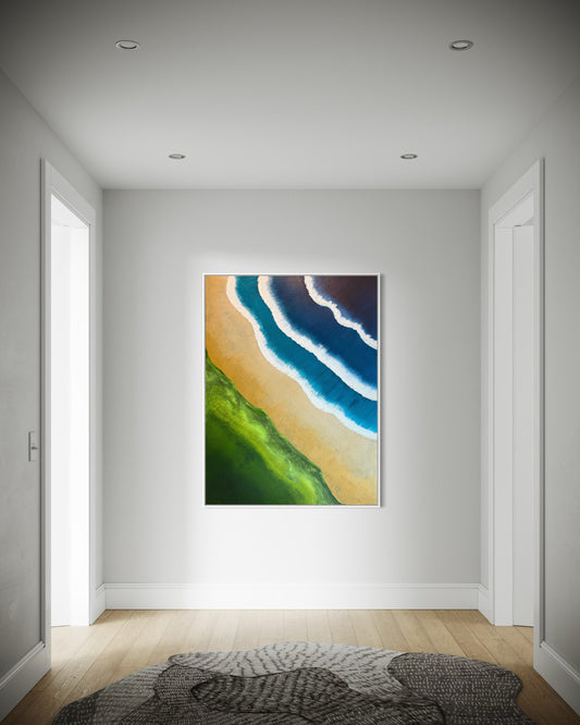 Original acrylic painting titled “Emerald Shore” by Michel L’Artiste. Features layered ocean waves, golden sand, and lush green coastlines on a 36x48 inch canvas. One-of-a-kind, signed artwork from the When We Were Water Edition.