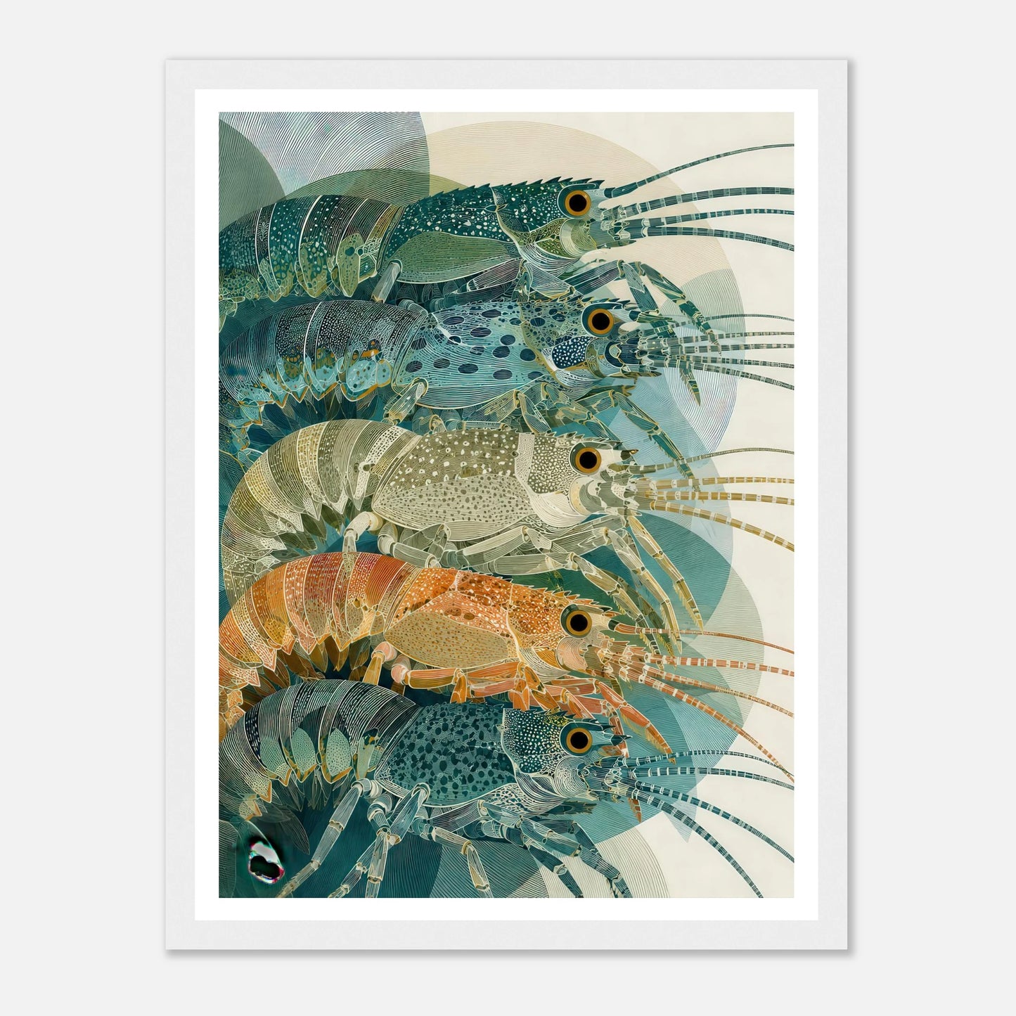 Langoustes limited edition framed poster by Michel L’Artiste featuring stylized spiny lobsters in blue, green, sand, and coral tones from the Ocean Archives collection
