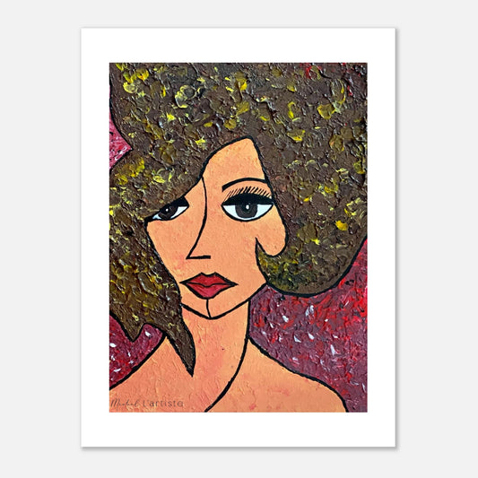 Limited edition abstract portrait painting by Michel L’Artiste – textured woman with curly hair, red lips, and expressive eyes on red background