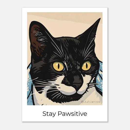 Stay Pawsitive limited edition cat art print by Michel L’Artiste – black and white cat portrait with golden eyes, perfect for cat lovers and pet owners