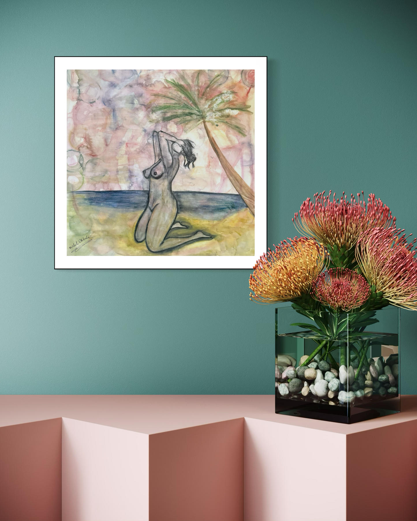 Framed artwork of a woman on a beach with palm trees, displayed on a teal wall above a pink shelf with a floral arrangement.