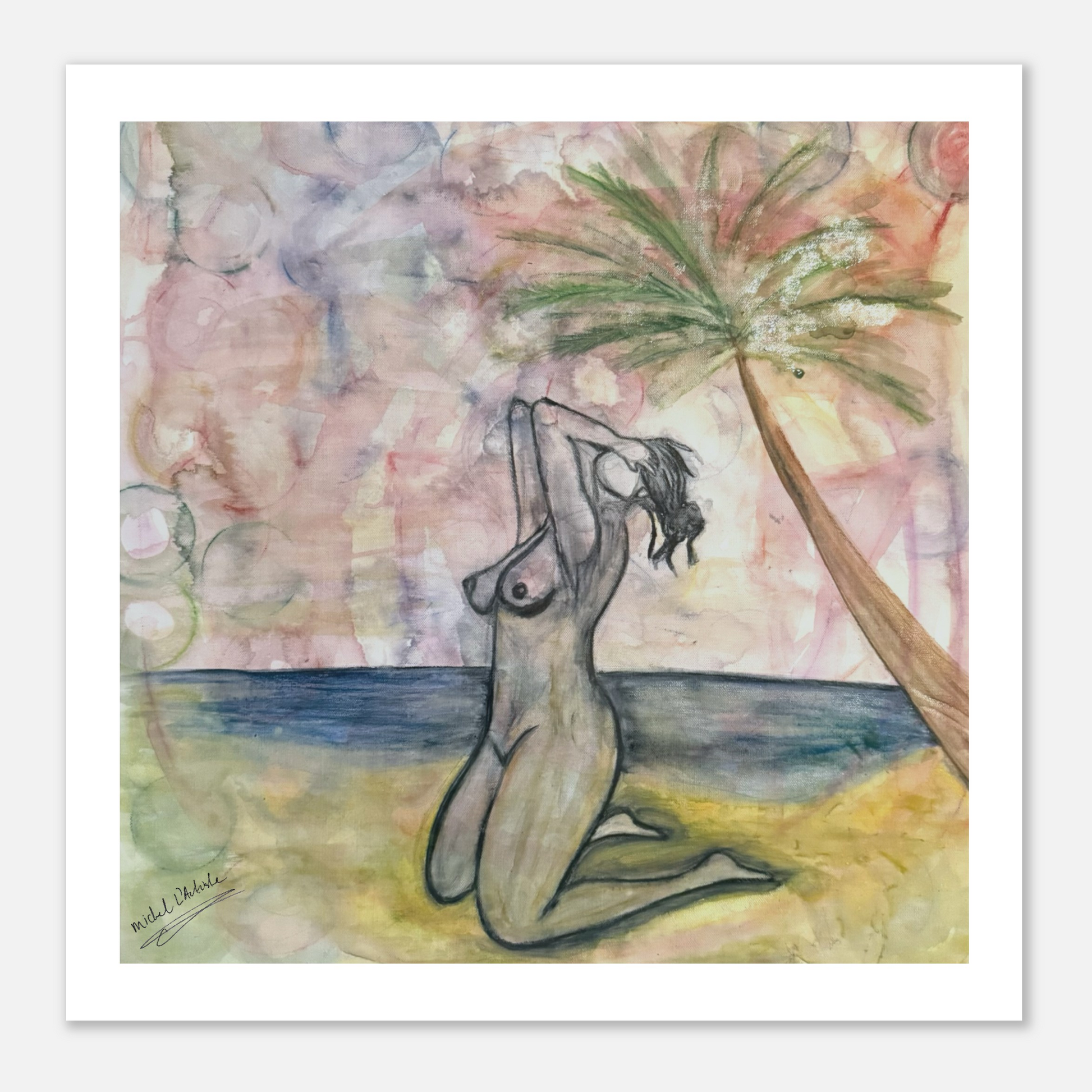 Sunlit Surrender and the Coconut Tree Witnessed limited edition ocean art print by Michel L’Artiste showing a woman kneeling on a tropical beach under a palm tree