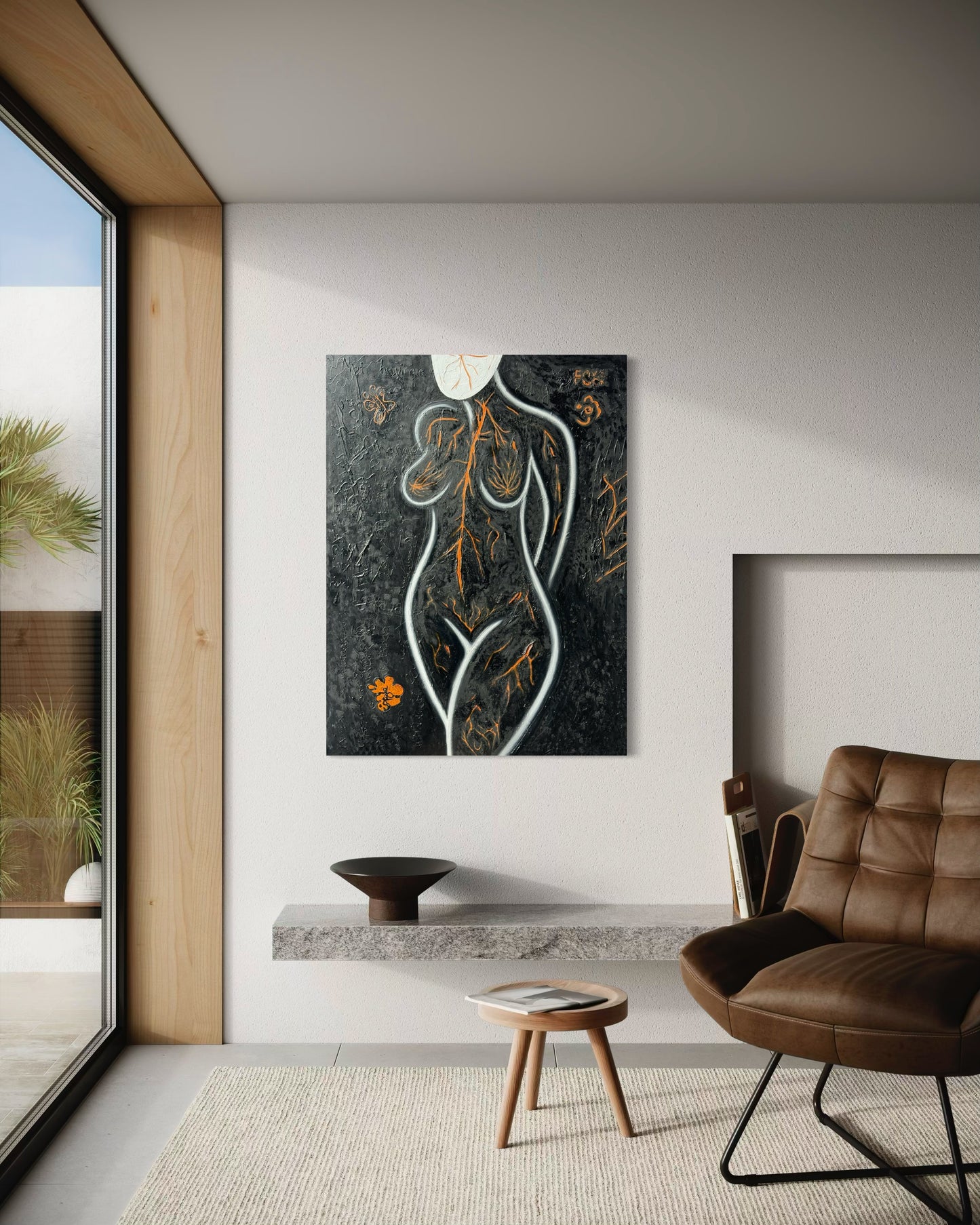 Modern interior with a abstract artwork on the wall, brown chair, and small table.