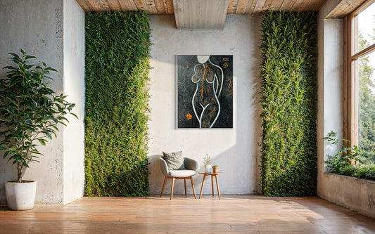 Modern interior with vertical green walls and a abstract painting.