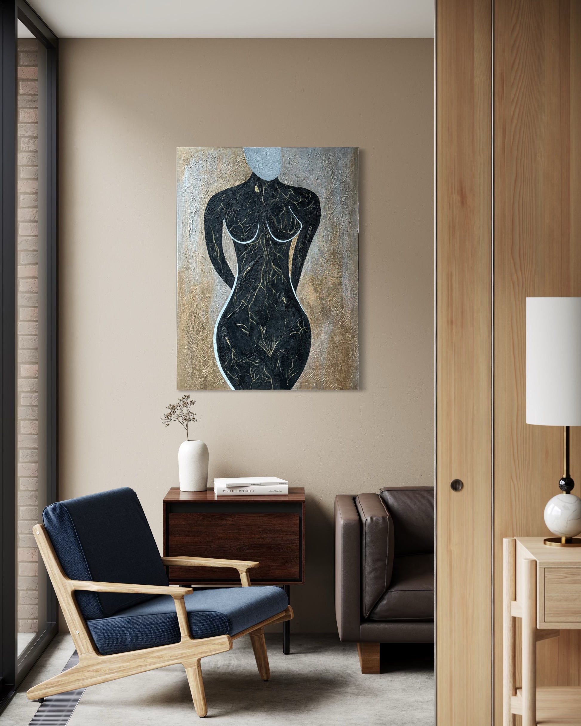 Modern living room with a blue armchair, brown sofa, and abstract painting on the wall.