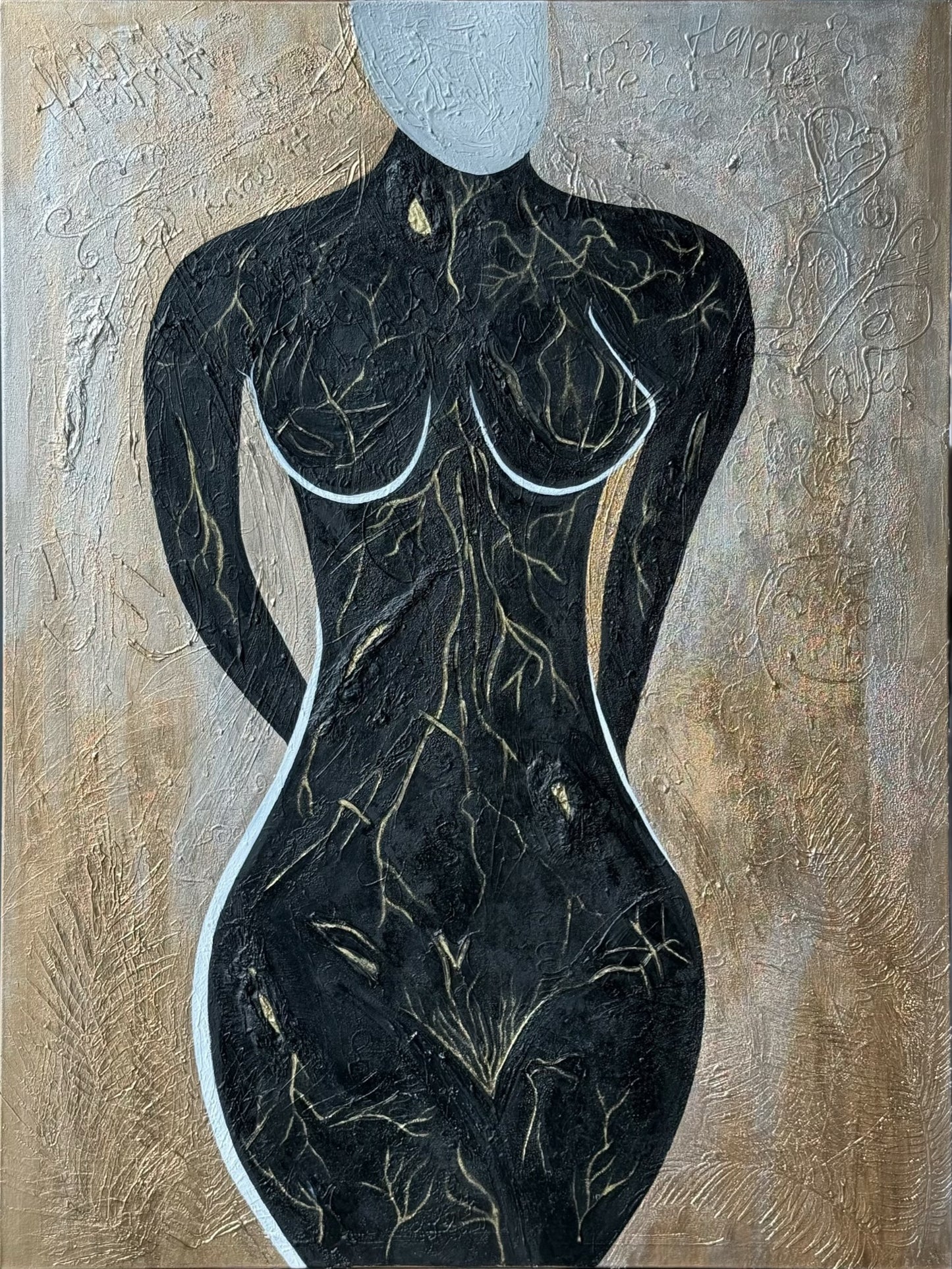 Abstract painting of a nude figure with intricate details on a textured  gold background