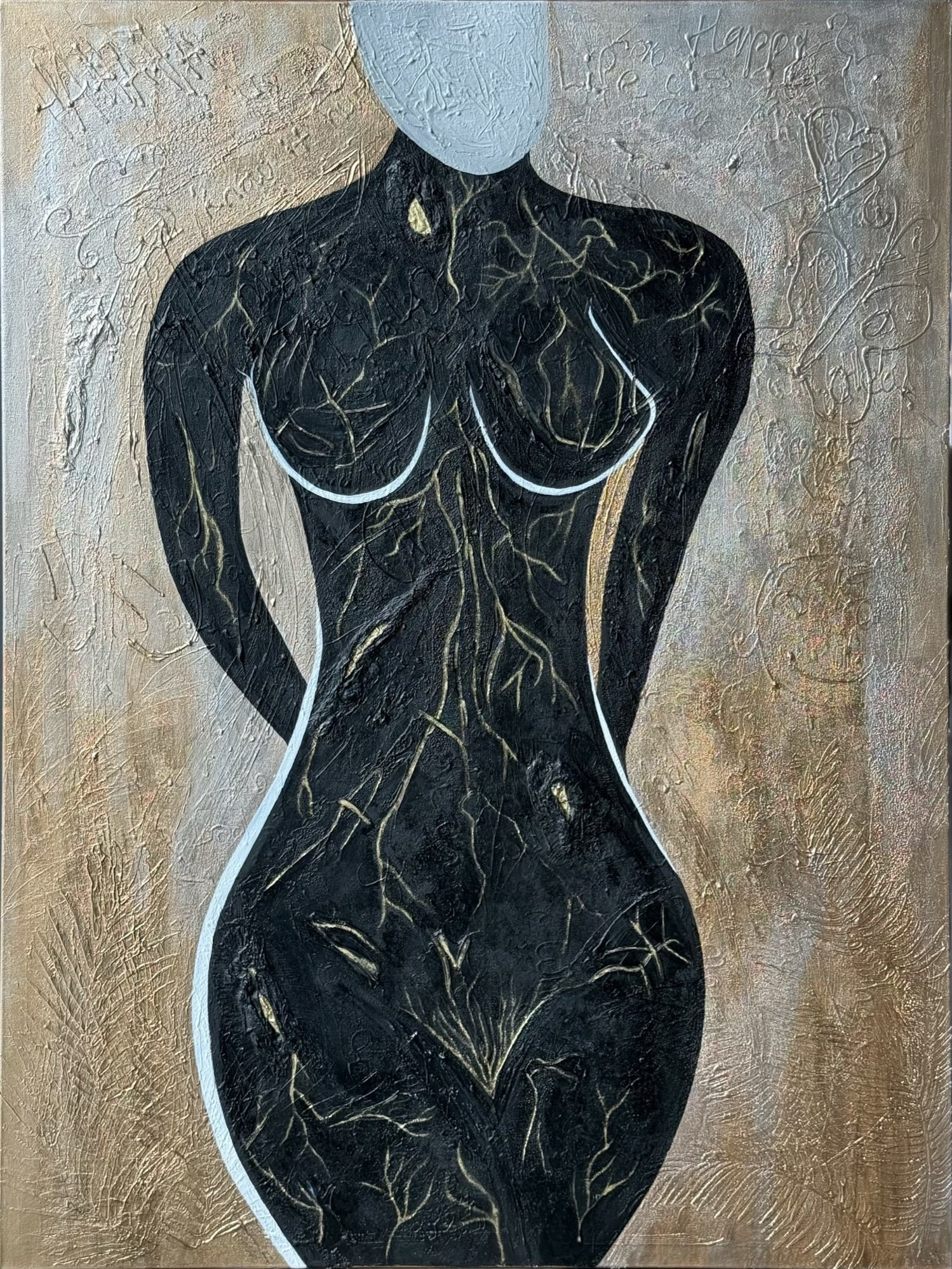 Abstract painting of a nude figure with intricate details on a textured  gold background
