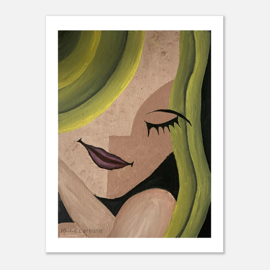 The Subconscious Muse – limited edition abstract portrait by Michel L’Artiste featuring a woman with flowing green hair, closed eyes, and soft lips