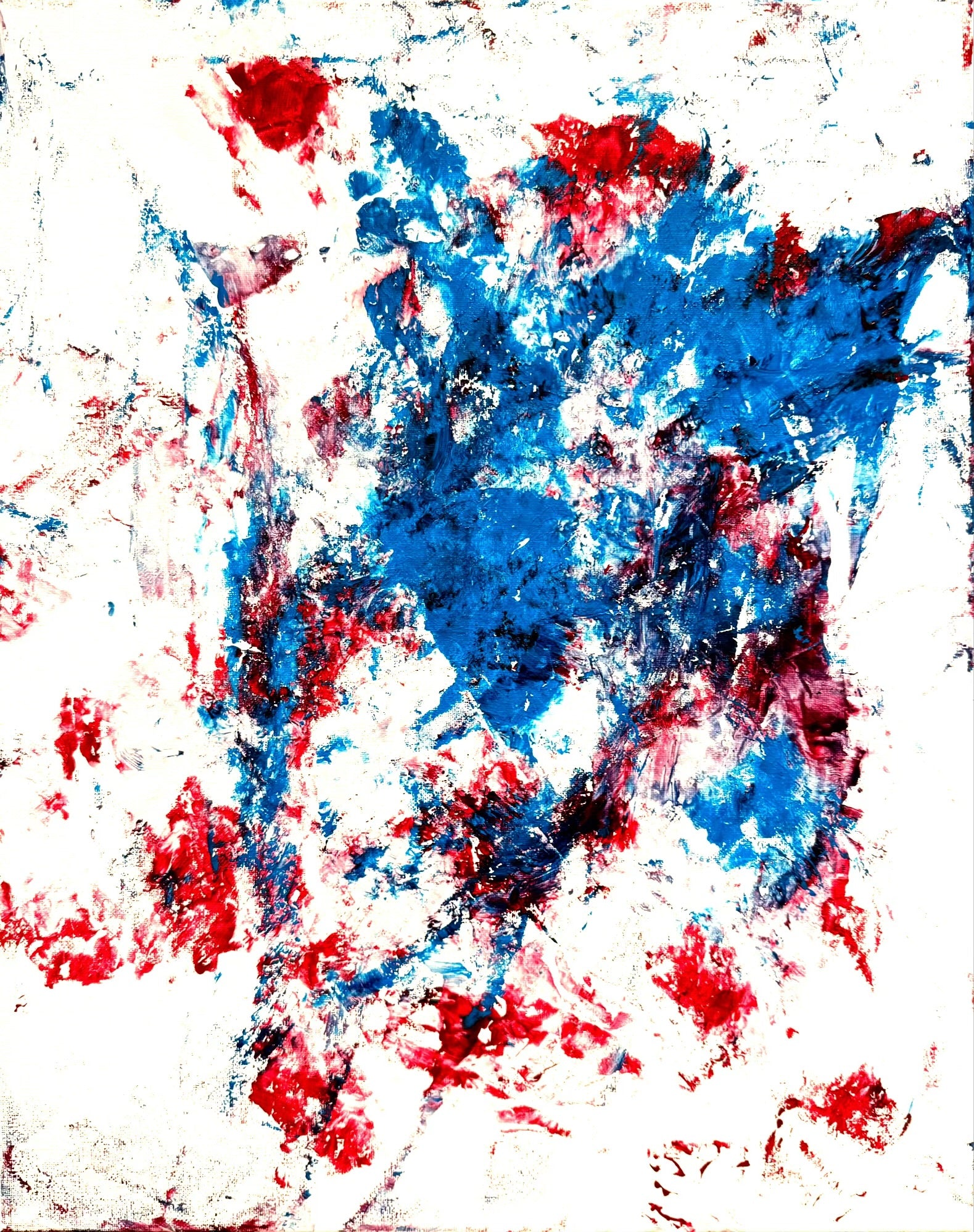 Abstract art with splashes of red, blue, and white on a white background