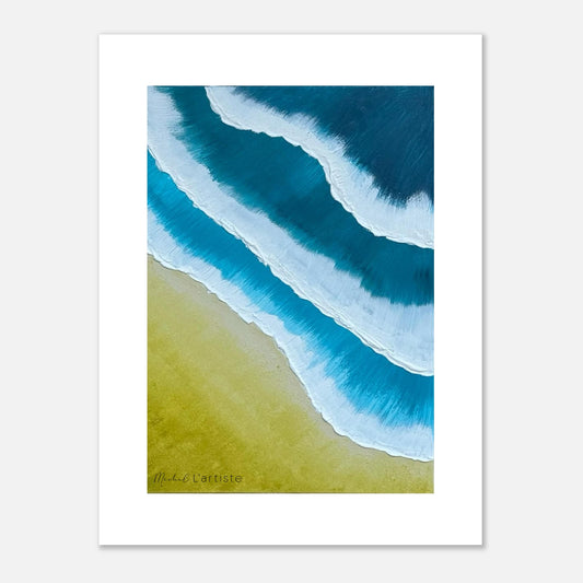 “Tide of Origins – Limited Edition Ocean Art Poster by Michel L’Artiste, featuring abstract blue waves meeting golden shoreline on matte fine art paper.”