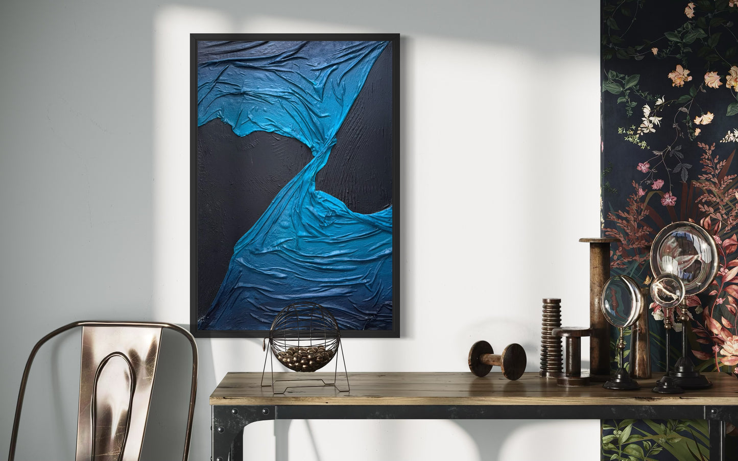 Modern interior with abstract blue artwork on a wall and decorative items on a table. Twist By Michel L'Artiste