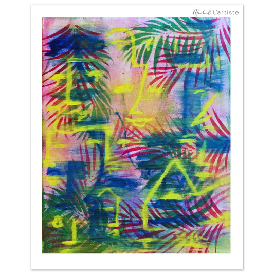 Colorful abstract painting with palm leaves and musical notes on a white background by Michel L'Artiste
