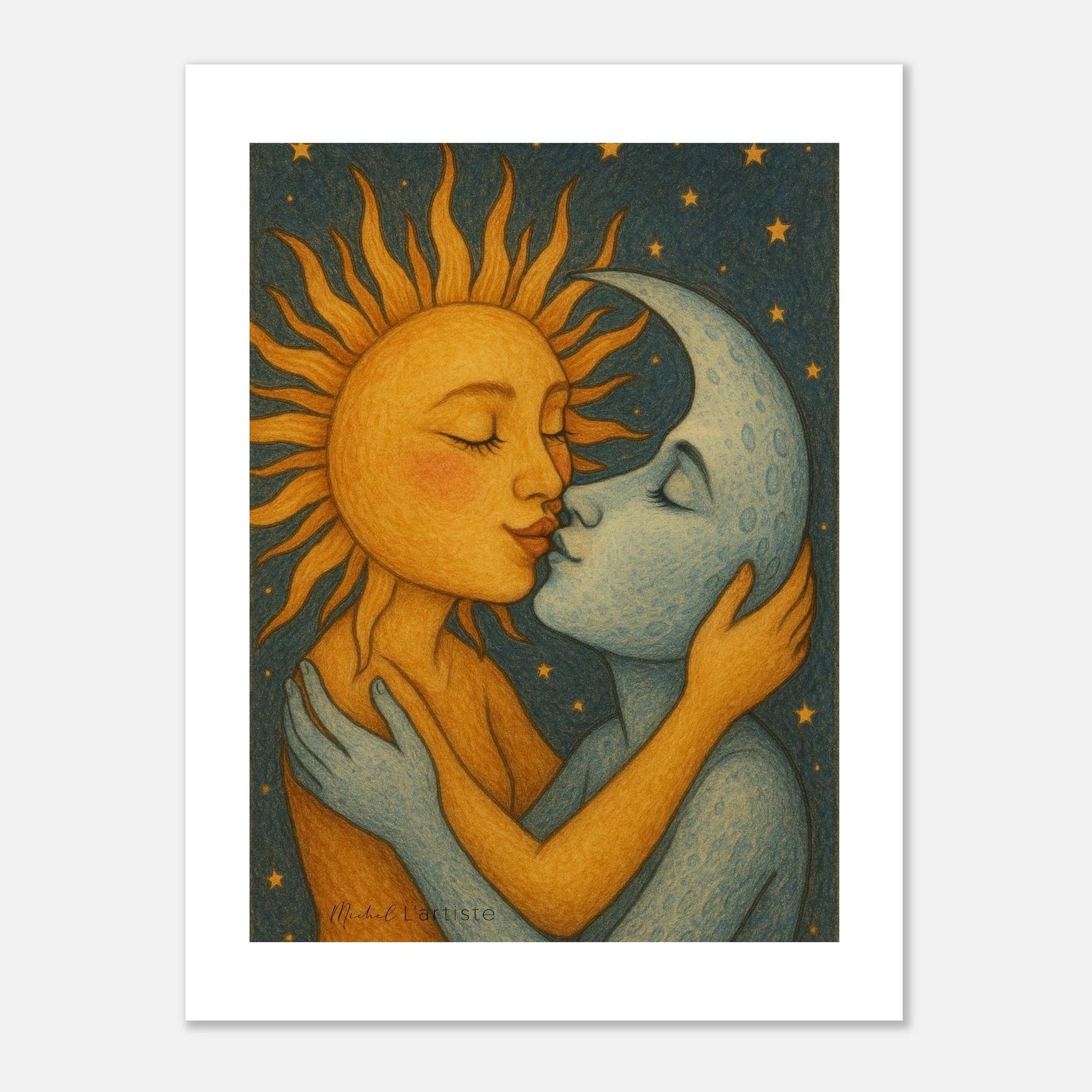 “When the Sun Loved the Moon limited edition fine art print by Michel L’Artiste – sun and moon lovers embracing in cosmic artwork”