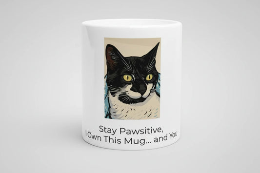 "Whiskers & Warmth ceramic mug with tuxedo cat illustration – cute cat lover gift"