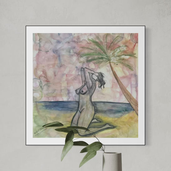 Sunlit Surrender and the Coconut Tree Witnessed limited edition ocean art print by Michel L’Artiste showing a woman kneeling on a tropical beach under a palm tree bb
