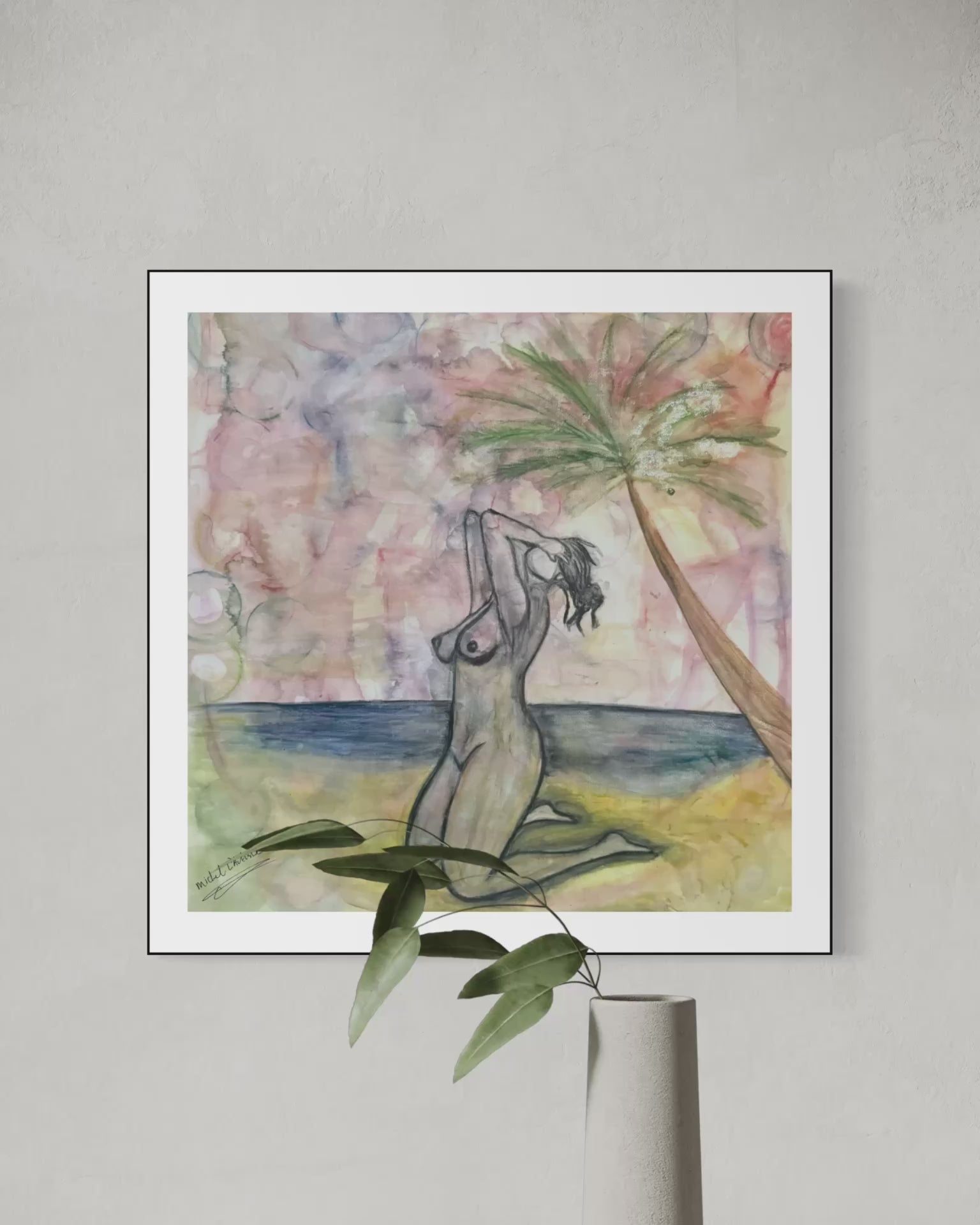 Sunlit Surrender and the Coconut Tree Witnessed limited edition ocean art print by Michel L’Artiste showing a woman kneeling on a tropical beach under a palm tree bb